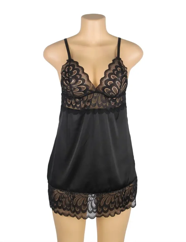 Nuisette noire en satin et dentelle graphique (2) Nuisette noire en satin et dentelle graphique