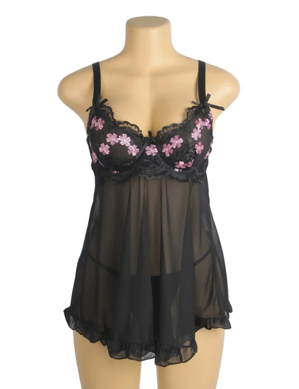 Nuisette noire et broderies roses (2) Nuisette noire et broderies roses
