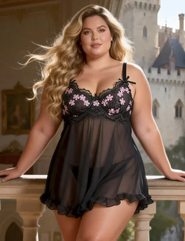 Nuisette noire et broderies roses (4) Nuisette noire et broderies roses
