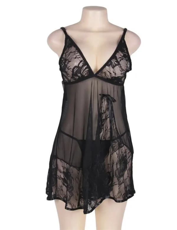 Nuisette noire évasée en voile transparent (3) Nuisette noire évasée en voile transparent