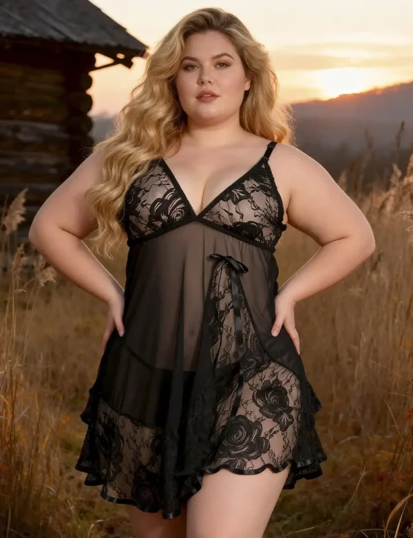 Nuisette noire évasée en voile transparent (4) Nuisette noire évasée en voile transparent