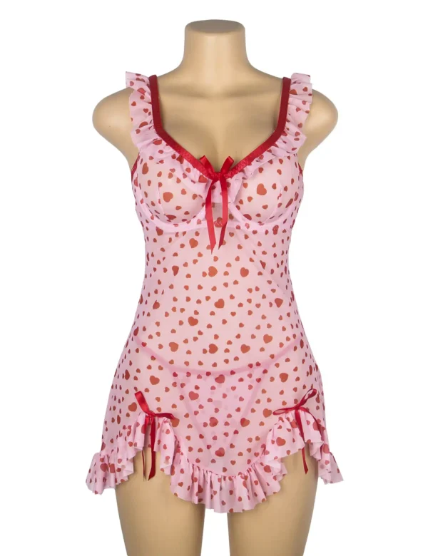 Nuisette rose motifs coeurs rouges (2) Nuisette rose motifs cœurs rouges