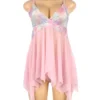 Nuisette rose pastel voile asymétrique et dentelle (3) Nuisette rose pastel voile asymétrique et dentelle