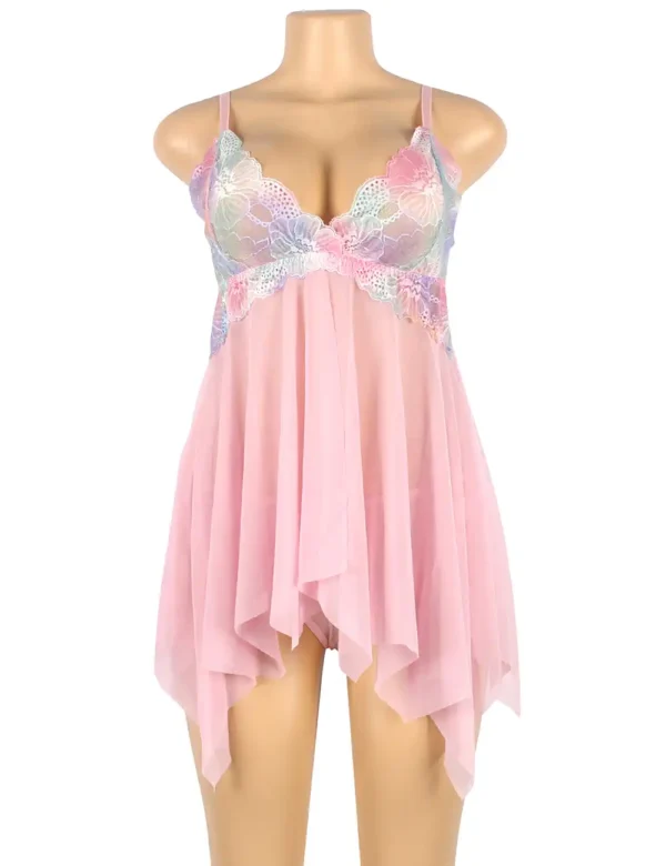 Nuisette rose pastel voile asymétrique et dentelle (3) Nuisette rose pastel voile asymétrique et dentelle