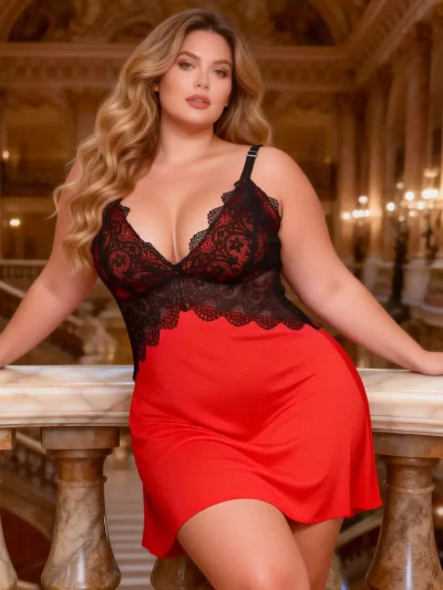 Nuisette satinée rouge et dentelle noire (vue de face) Nuisette satinée rouge et dentelle noire