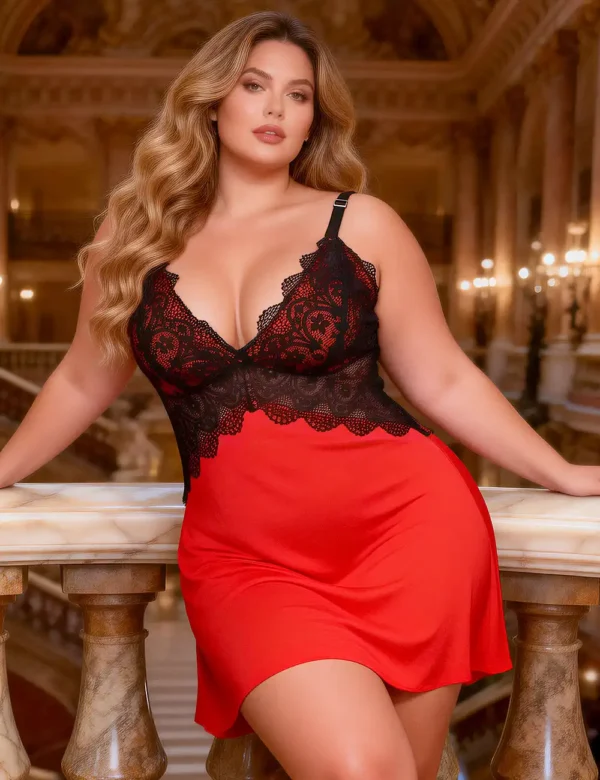 Nuisette satinée rouge et dentelle noire (vue de face) Nuisette satinée rouge et dentelle noire