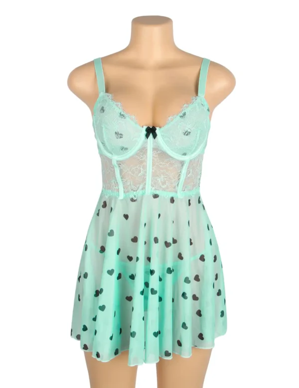 Nuisette vert d'eau dentelle et voile à cœurs (3) Nuisette vert d'eau dentelle et voile à cœurs