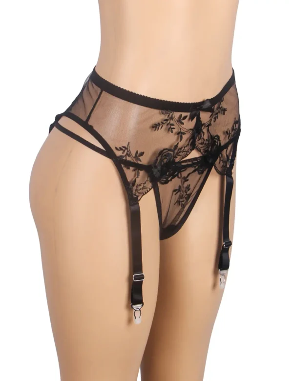 Porte jarretelles noir transparent à broderies florales (2) Porte jarretelles noir transparent à broderies florales