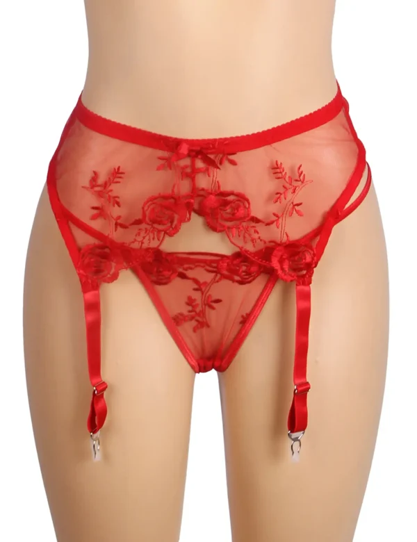 Porte jarretelles rouge transparent à broderies florales (3) Porte jarretelles rouge transparent à broderies florales