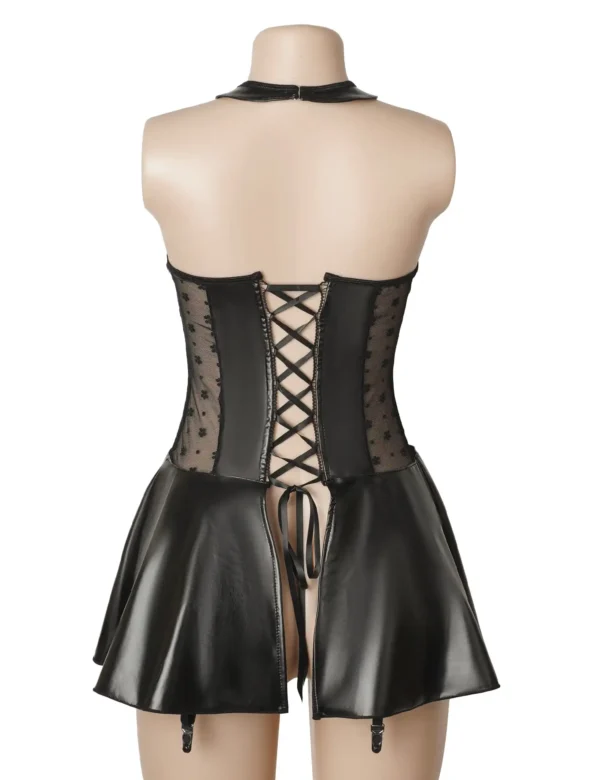 Robe cuir noir à jarretelles et dos lacé (2) Robe cuir noir à jarretelles et dos lacé