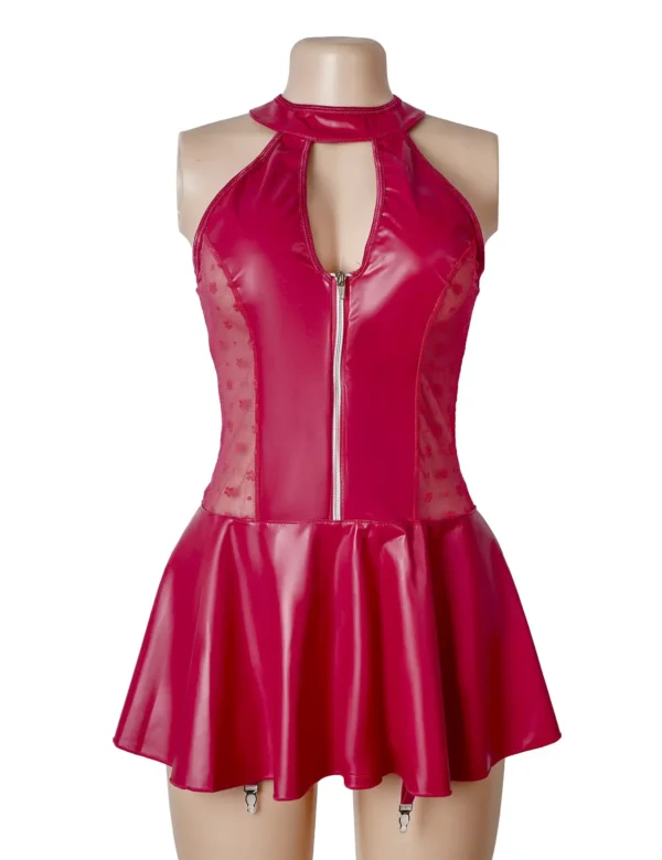 Robe cuir rouge dos lacé et jarretelles (1) Robe cuir rouge dos lacé et jarretelles
