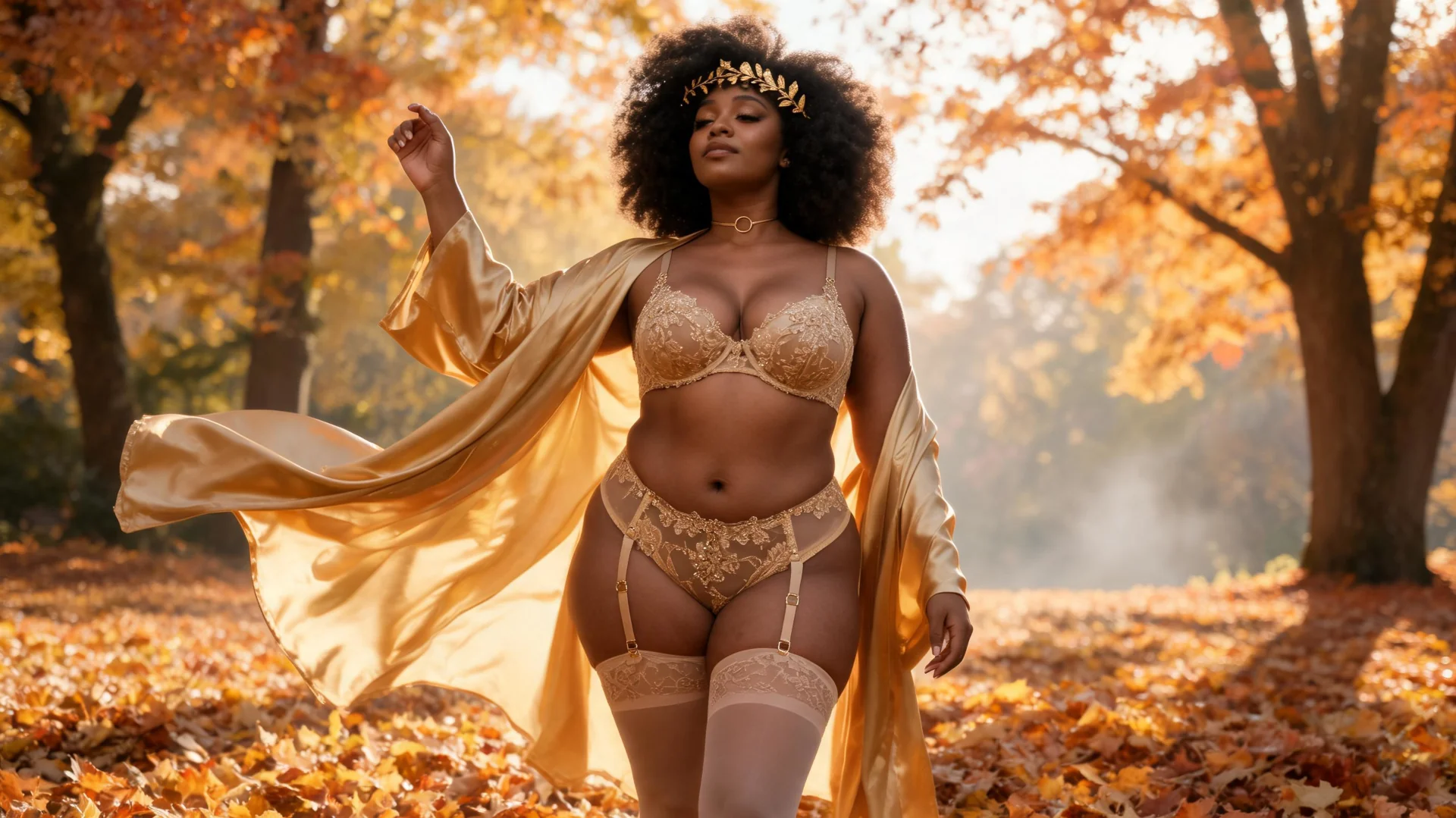 femme mat de peau en lingerie jaune dans la forêt Ensemble lingerie noir harnais et porte-jarretelles