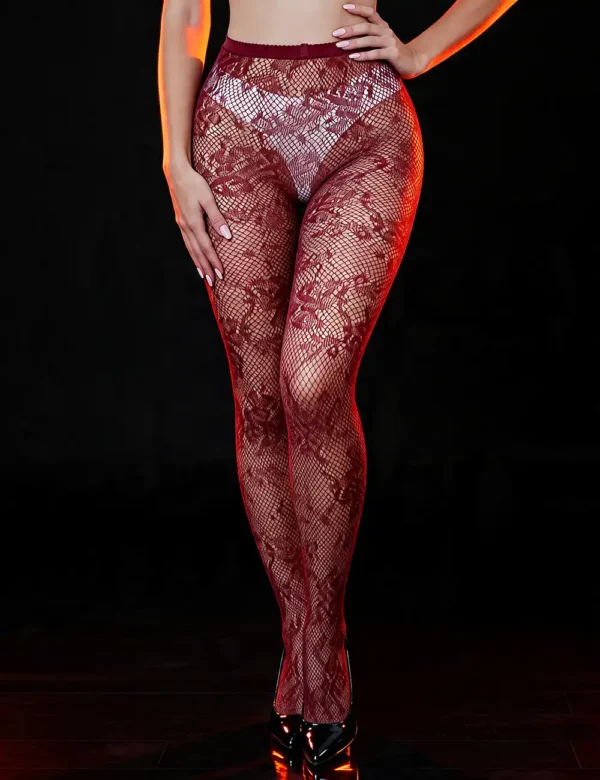 Collants résille rouge bordeaux à fleurs (1) Collants résille à fleurs