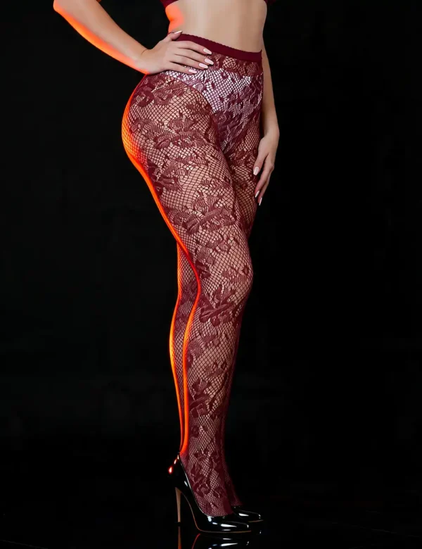 Collants résille rouge bordeaux à fleurs (2) Collants résille à fleurs