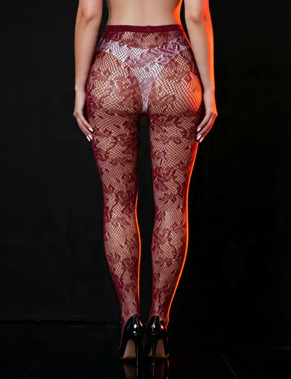 Collants résille rouge bordeaux à fleurs (3) Collants résille à fleurs