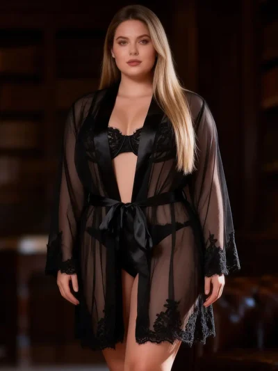 Ensemble lingerie 3 pièces noir en dentelle et voile
