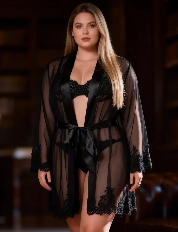 Ensemble lingerie 3 pièces noir en dentelle et voile (1) Ensemble lingerie 3 pièces noir en dentelle et voile