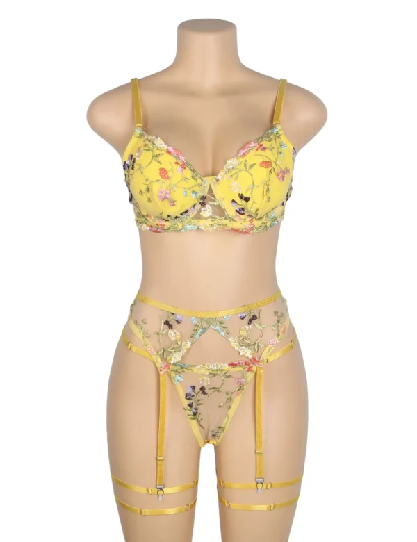 Ensemble lingerie jaune à fleurs avec porte-jarretelles (2) Ensemble lingerie jaune à fleurs avec porte-jarretelles