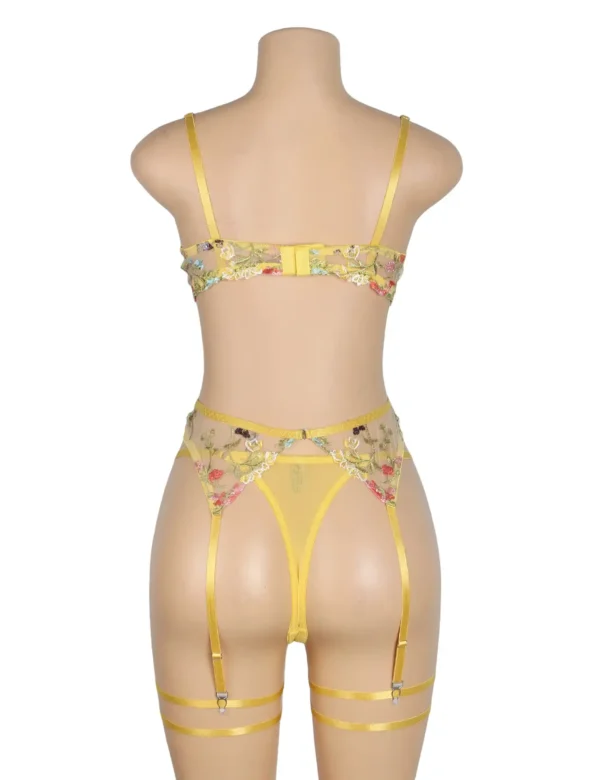 Ensemble lingerie jaune à fleurs avec porte-jarretelles (3) Ensemble lingerie jaune à fleurs avec porte-jarretelles