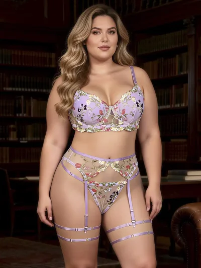 Ensemble lingerie lilas à broderies florales et porte-jarretelles (1) Ensemble lingerie lilas à broderies florales et porte-jarretelles