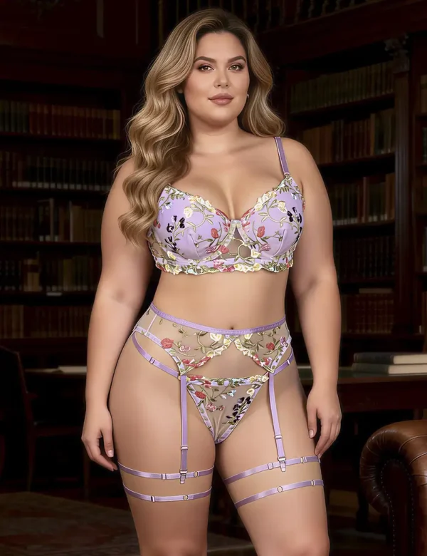 Ensemble lingerie lilas à broderies florales et porte-jarretelles (1) Ensemble lingerie lilas à broderies florales et porte-jarretelles