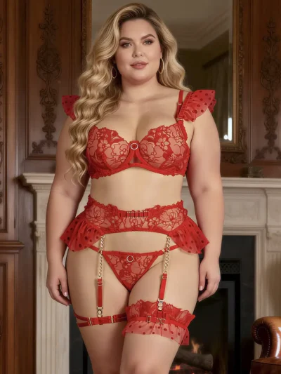 Ensemble lingerie rouge à volants et porte-jarretelles chaînes (1) Ensemble lingerie rouge à volants et porte-jarretelles chaînes