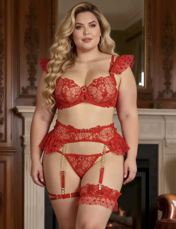Ensemble lingerie rouge à volants et porte-jarretelles chaînes (1) Ensemble lingerie rouge à volants et porte-jarretelles chaînes