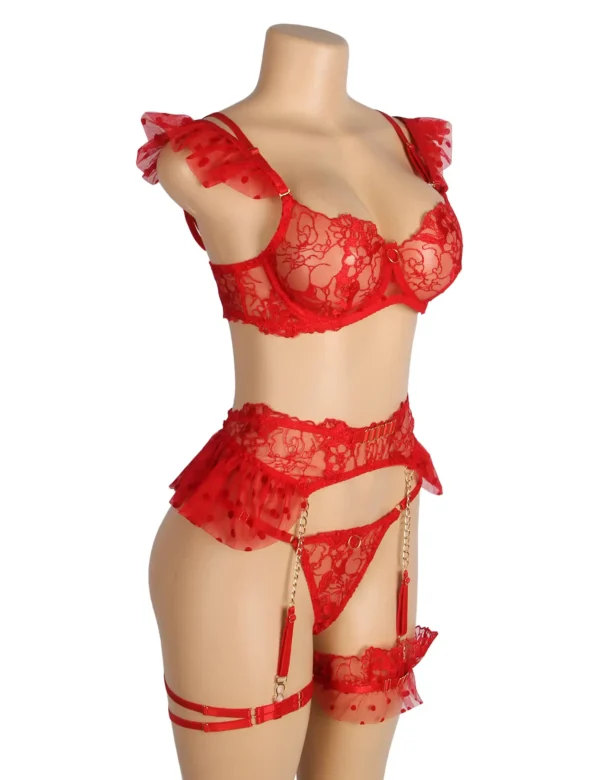 Ensemble lingerie rouge à volants et porte-jarretelles chaînes (4) Ensemble lingerie rouge à volants et porte-jarretelles chaînes