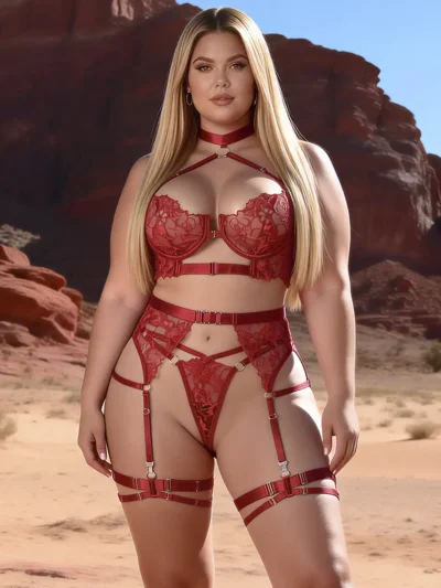 Ensemble lingerie rouge avec harnais et porte-jarretelles (1) Ensemble lingerie rouge avec harnais et porte-jarretelles