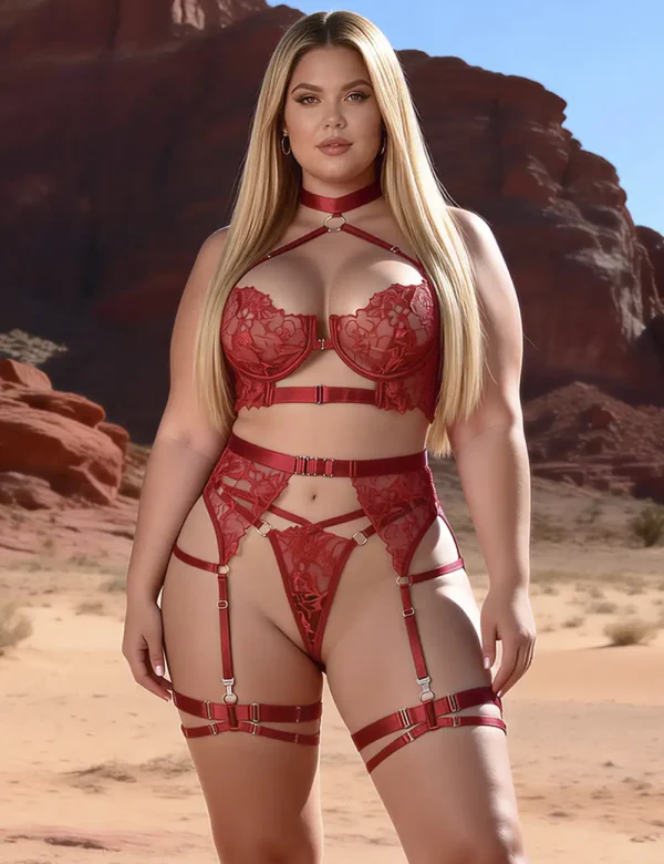 Ensemble lingerie rouge avec harnais et porte-jarretelles (1) Ensemble lingerie rouge avec harnais et porte-jarretelles