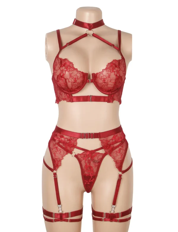 Ensemble lingerie rouge avec harnais et porte-jarretelles (2) Ensemble lingerie rouge avec harnais et porte-jarretelles