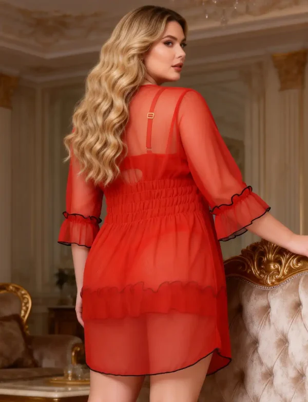 Ensemble lingerie rouge nuisette et déshabillé en voile (4) Ensemble lingerie rouge nuisette et déshabillé en voile