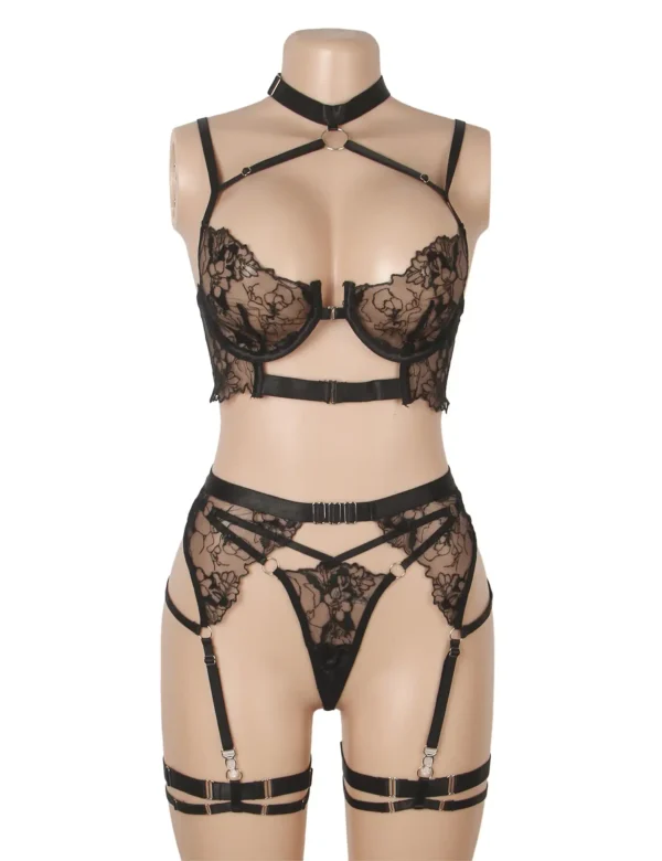 Ensemble lingerie sexy noir à lanière et porte-jarretelles (3) Ensemble lingerie sexy noir à lanière et porte-jarretelles