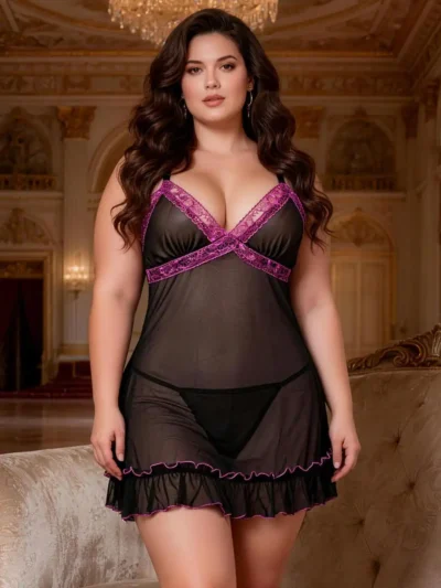 Nuisette noire transparente à volants violets (1) Nuisette noire transparente à volants violets