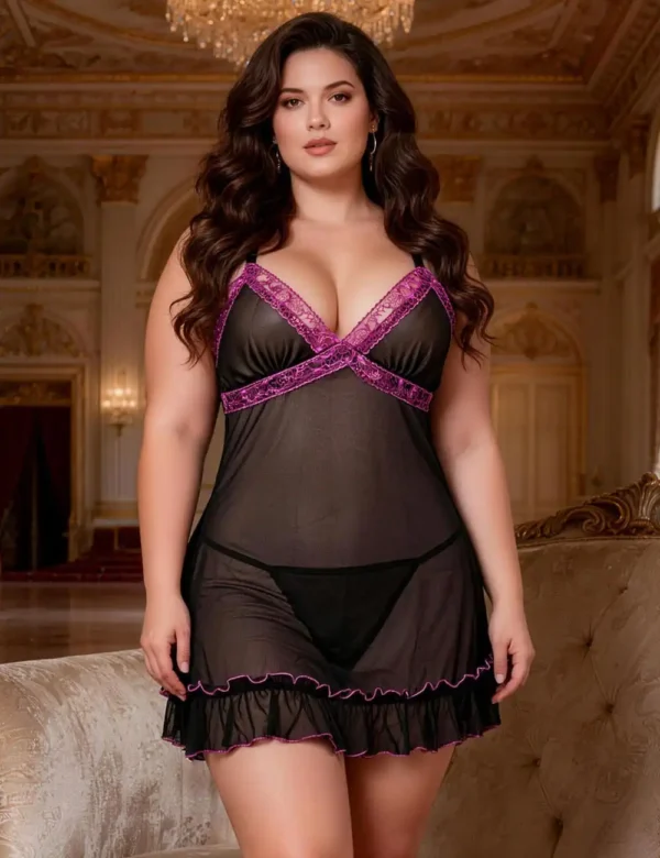 Nuisette noire transparente à volants violets (1) Nuisette noire transparente à volants violets