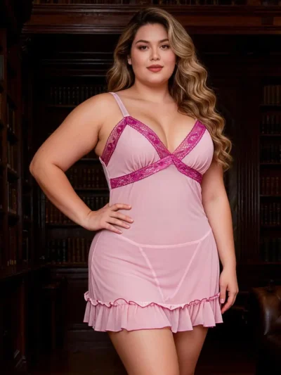 Nuisette rose sexy en voile et dentelle noire (1) Nuisette rose sexy en voile et dentelle