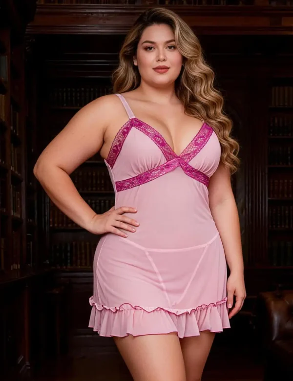 Nuisette rose sexy en voile et dentelle noire (1) Nuisette rose sexy en voile et dentelle noire